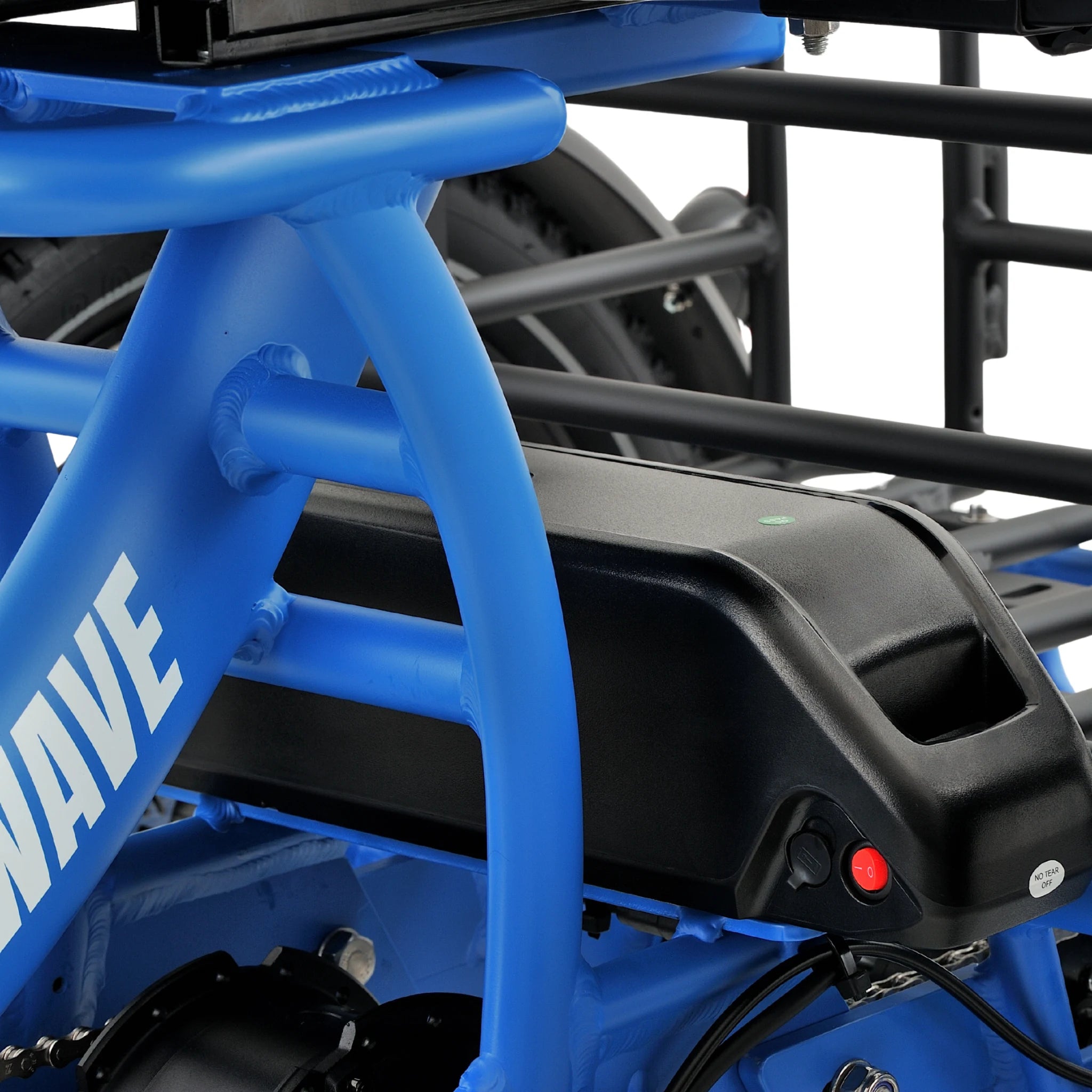 Ridewave Platypus sky blue folding electric trike frame and battery close-up #color_sky-blue