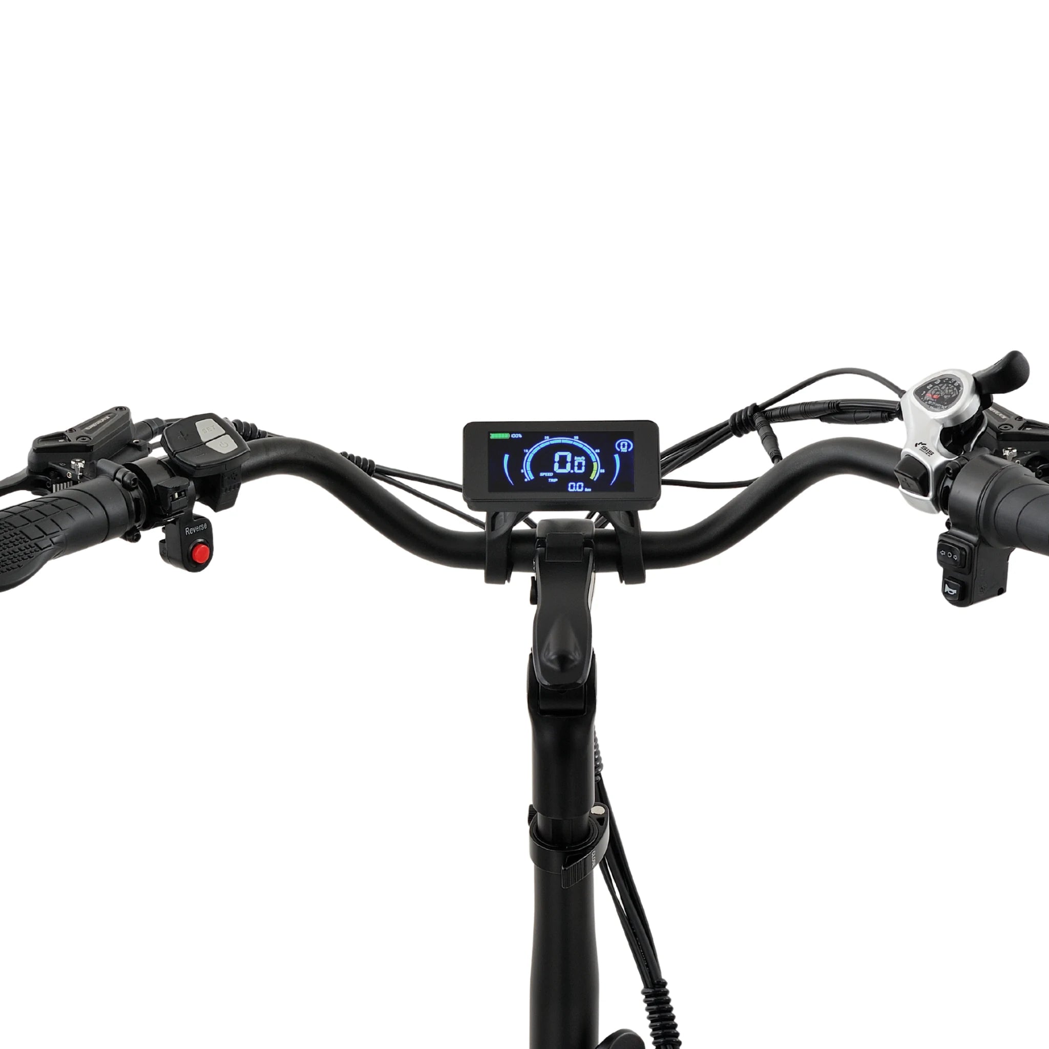 Ridewave Platypus sky blue folding electric trike handlebar and display front view #color_sky-blue