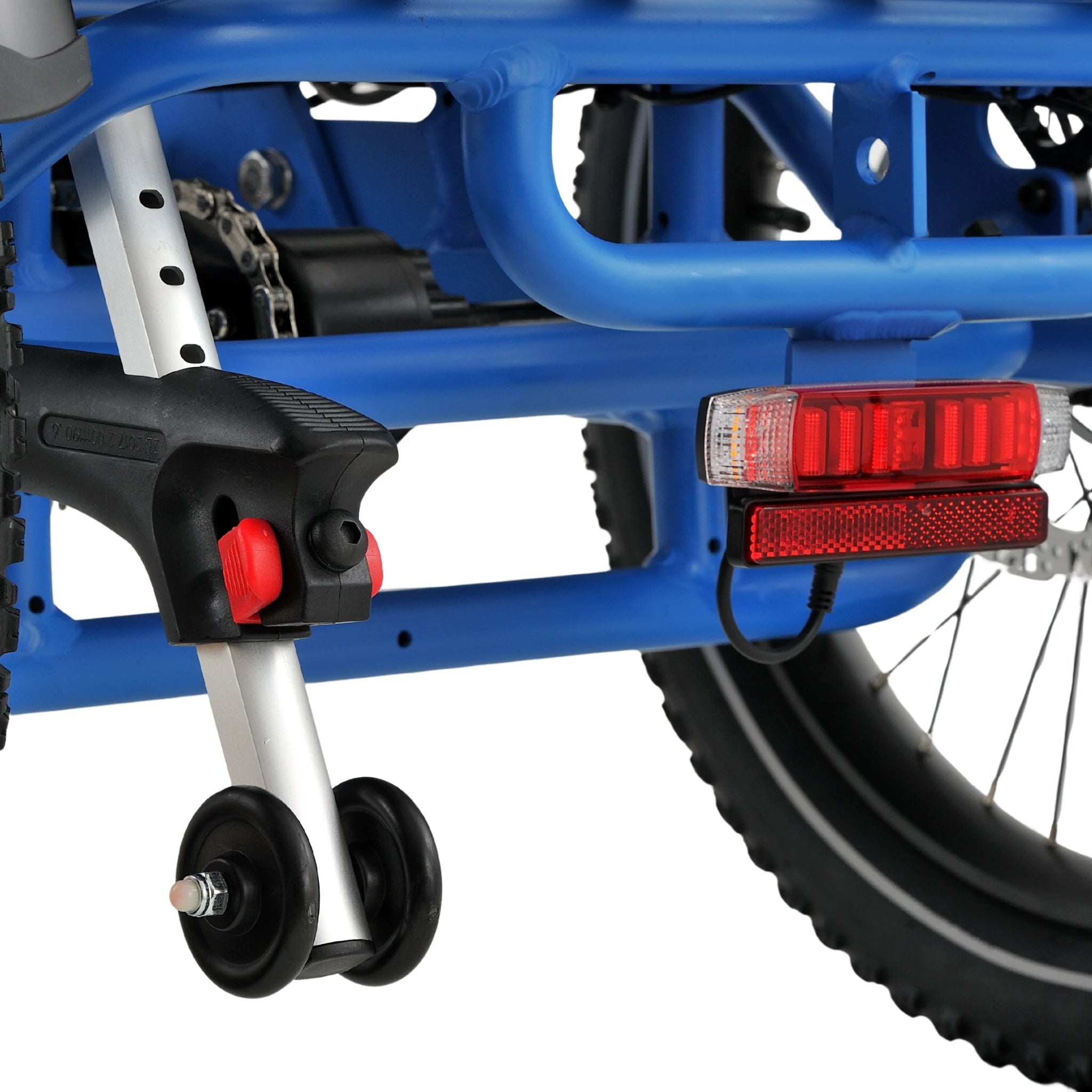 Ridewave Platypus sky blue folding electric trike rear caster wheel and tail light close-up #color_sky-blue