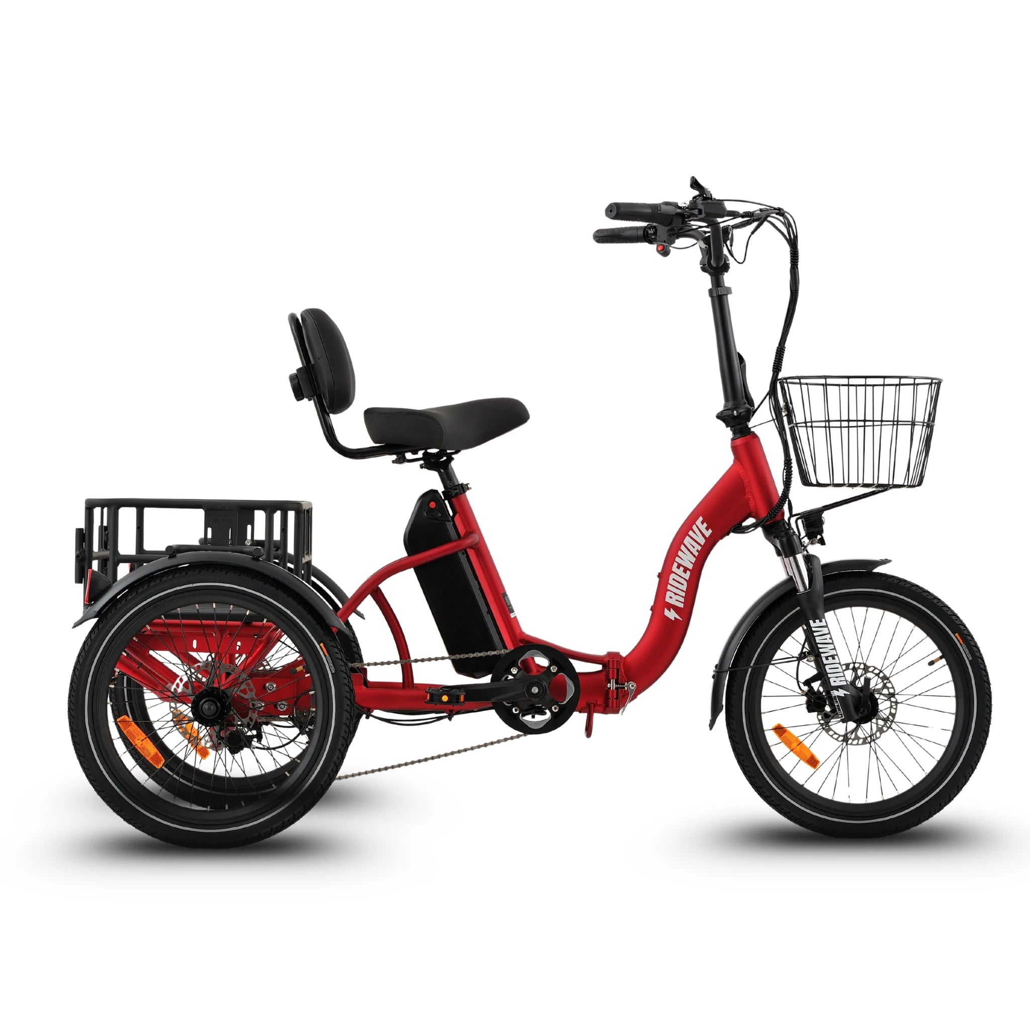 Ridewave Quokka red electric trike side view with front basket and rear cargo basket #color_red