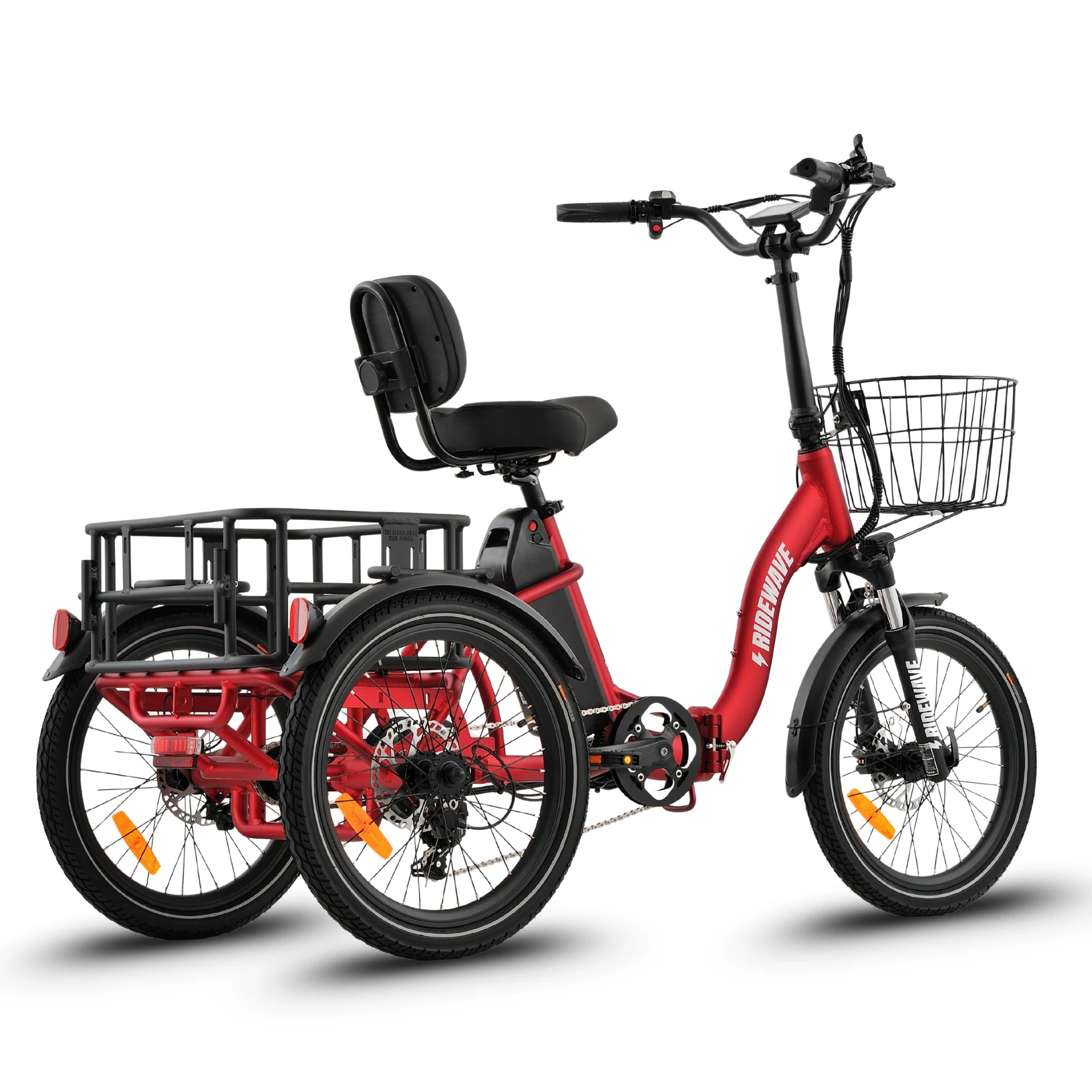 Ridewave Quokka red electric trike three-quarter front view with front basket and rear cargo basket #color_red