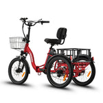 Ridewave Quokka red electric trike three-quarter rear view with front basket and rear cargo basket #color_red
