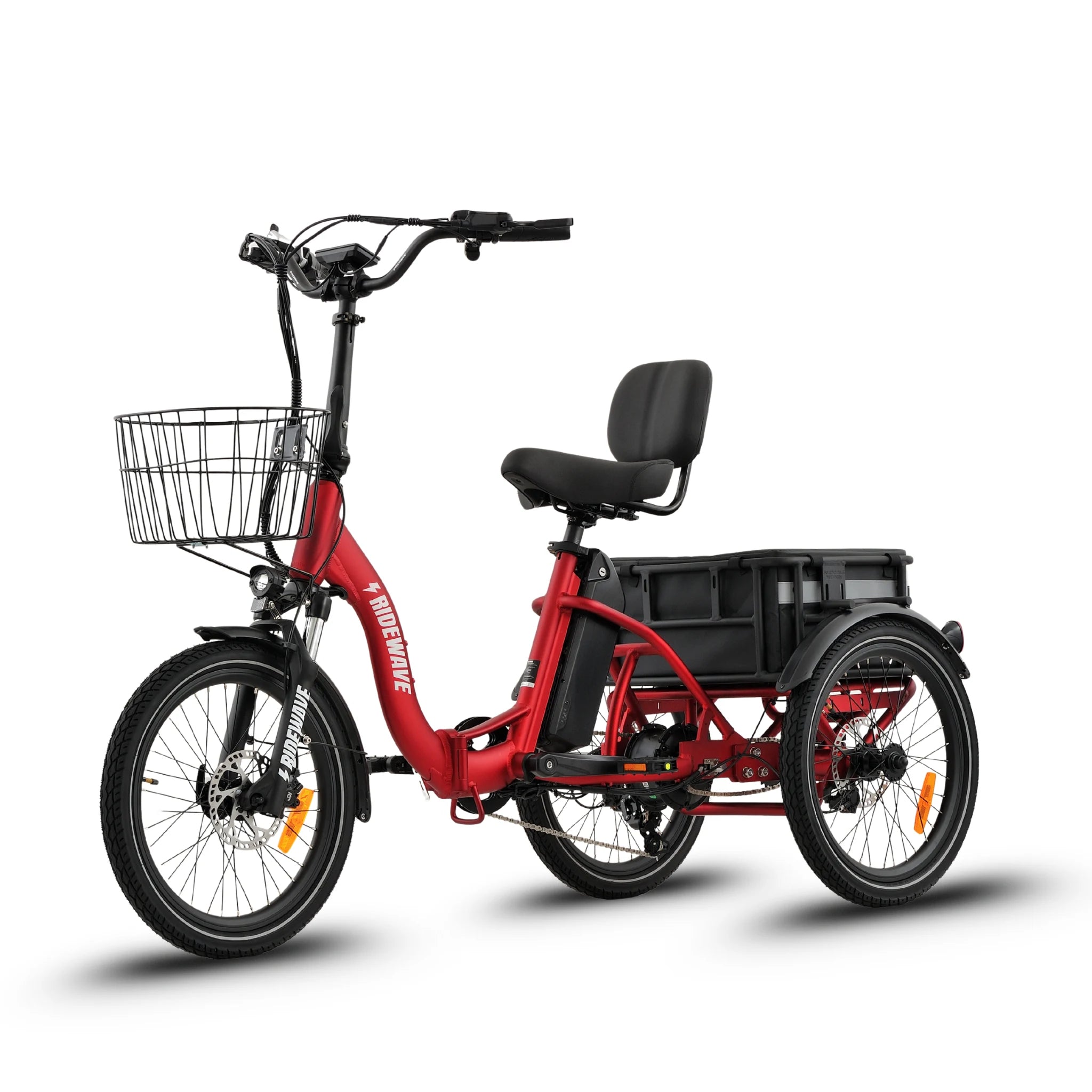Ridewave Quokka red electric trike side view with front basket and rear cargo basket #color_red