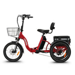 Ridewave Quokka red electric trike three-quarter side view with front basket and rear cargo basket #color_red