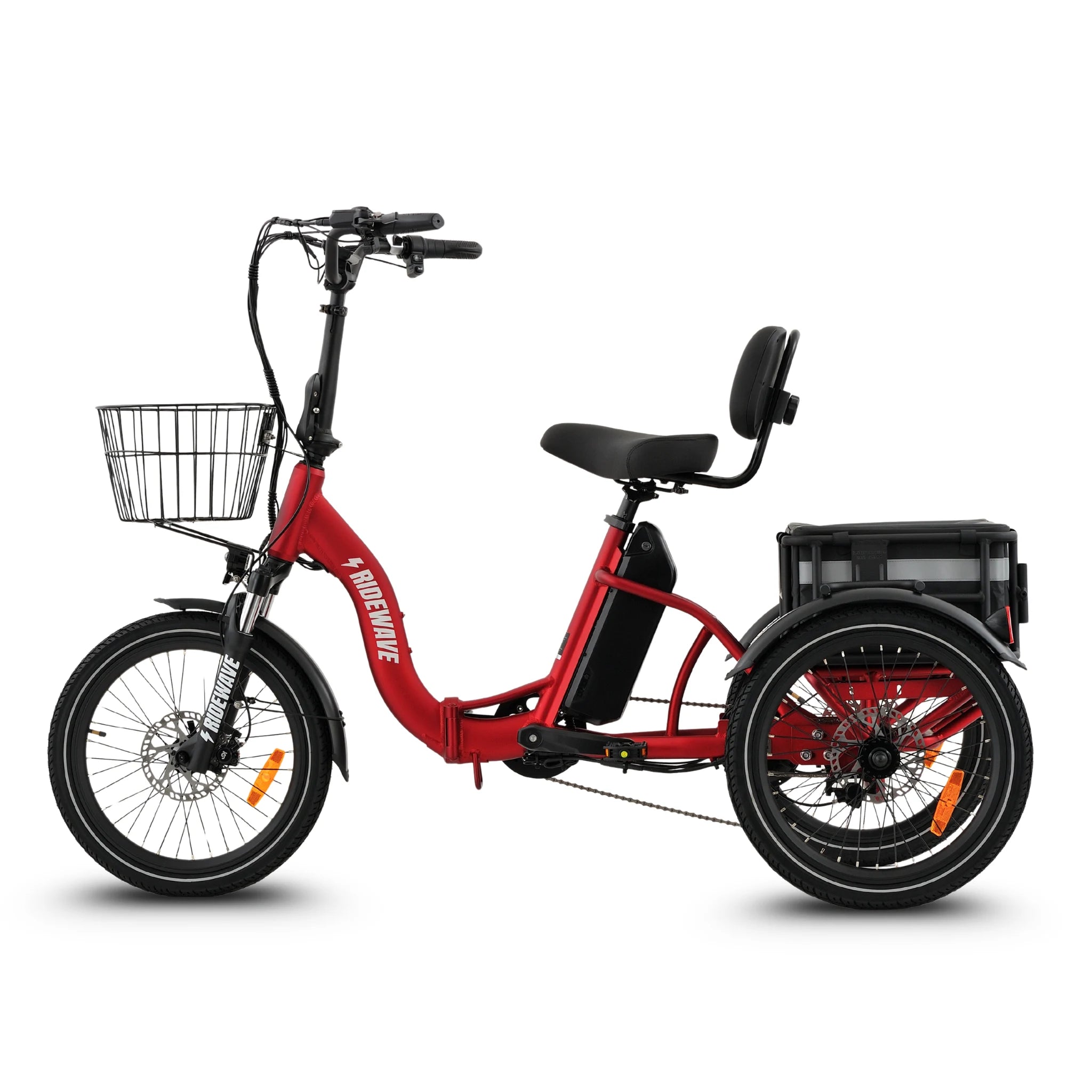 Ridewave Quokka red electric trike three-quarter side view with front basket and rear cargo basket #color_red