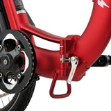 Ridewave Quokka red electric trike folding hinge and footrest close-up #color_red