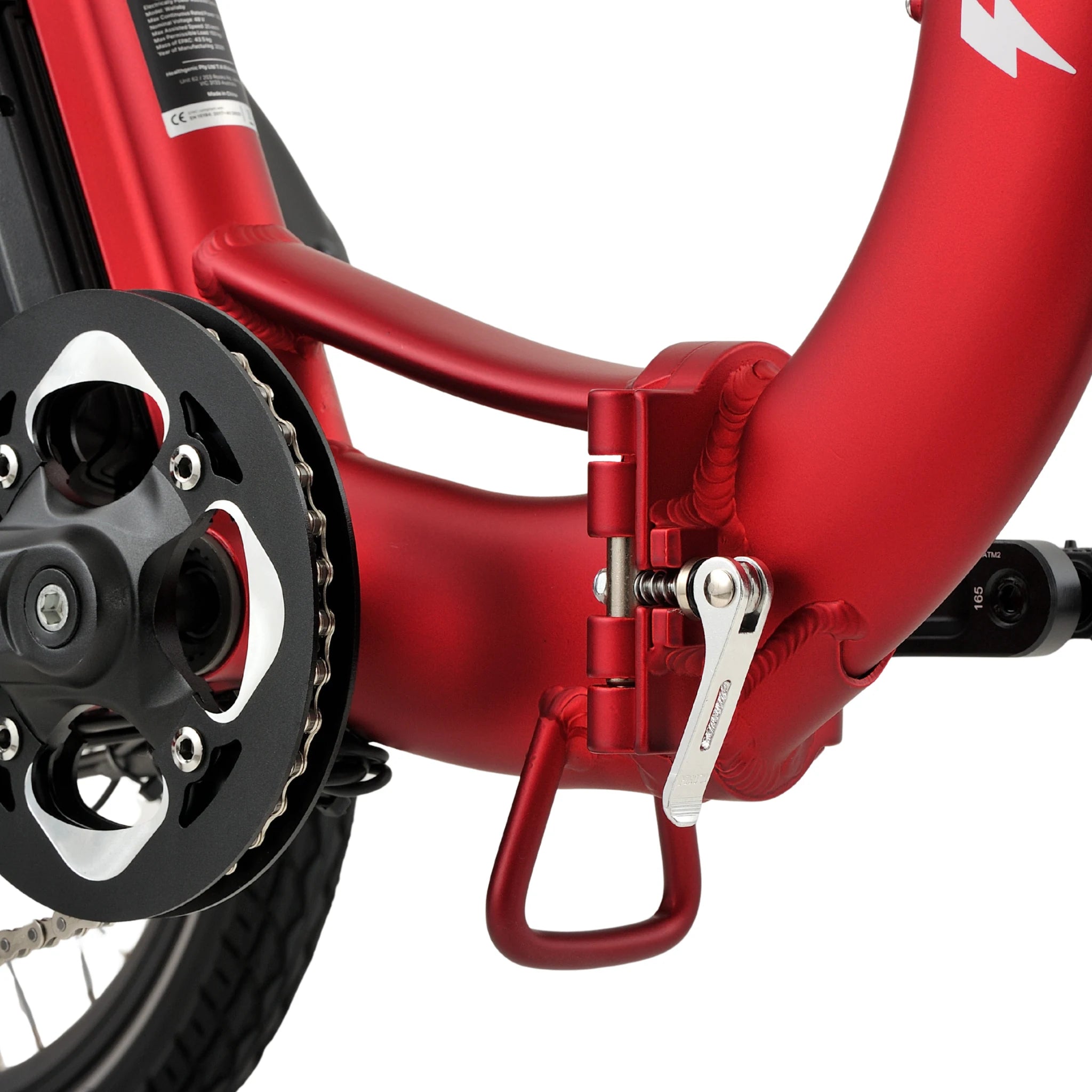Ridewave Quokka red electric trike folding hinge and footrest close-up #color_red