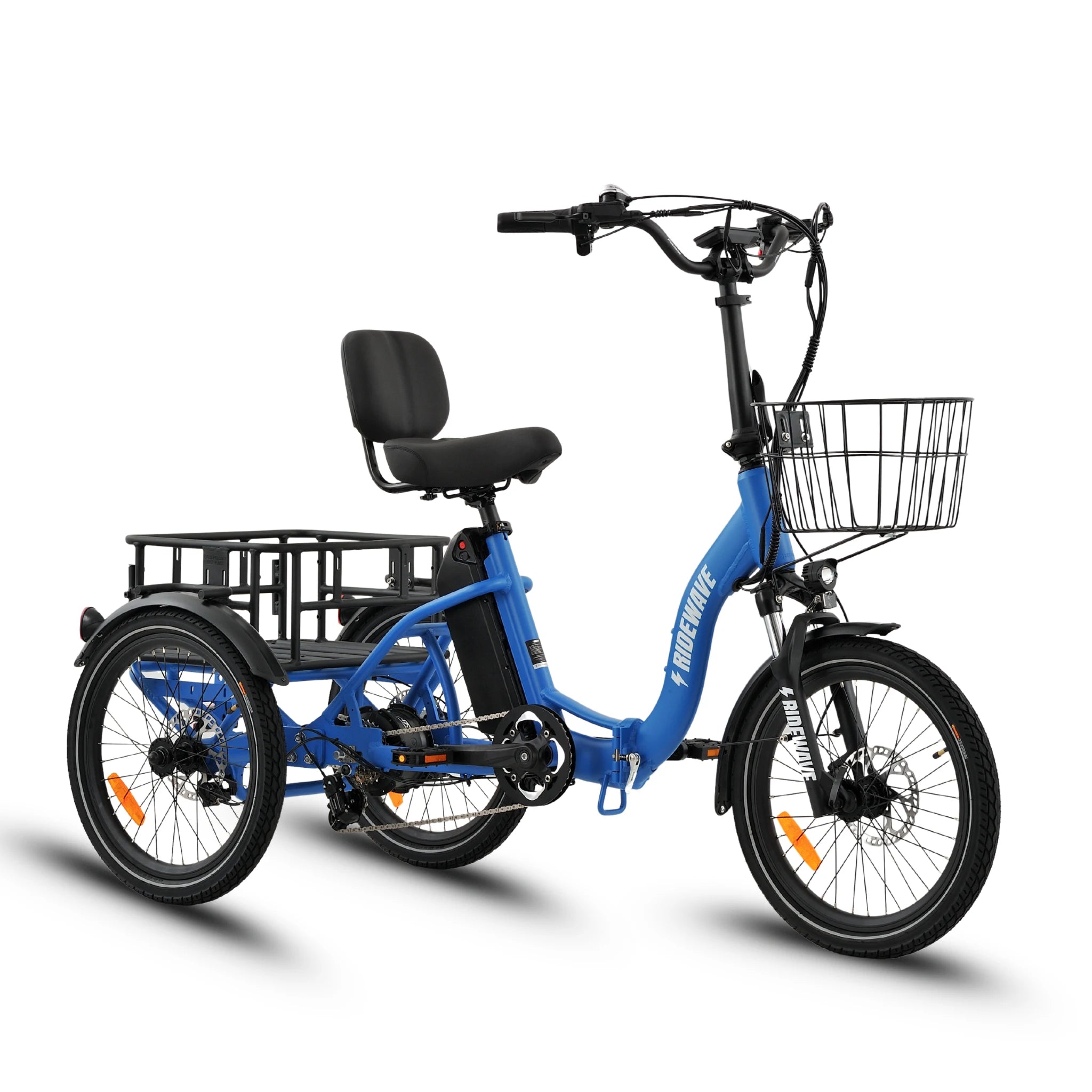 Ridewave Quokka sky blue electric trike three-quarter front view with front basket and rear cargo basket #color_sky-blue