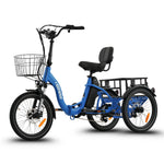 Ridewave Quokka sky blue electric trike three-quarter rear view with front basket and rear cargo basket #color_sky-blue