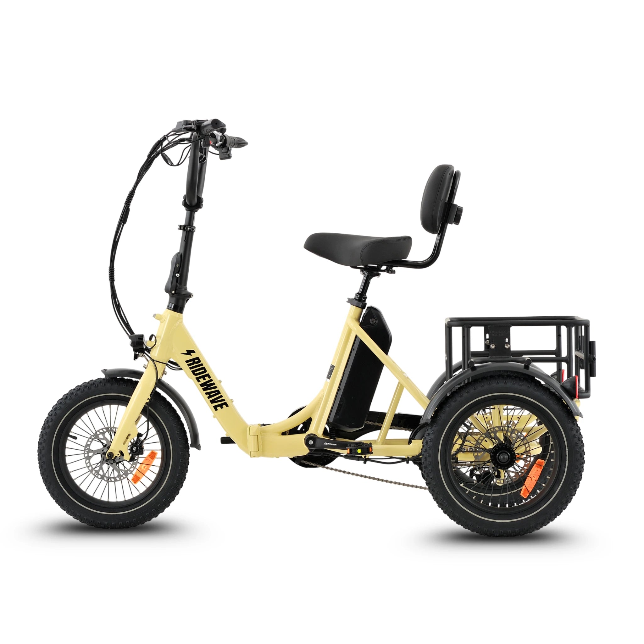 Ridewave Koala cream electric trike three-quarter rear view with rear basket and fat tyres #color_cream