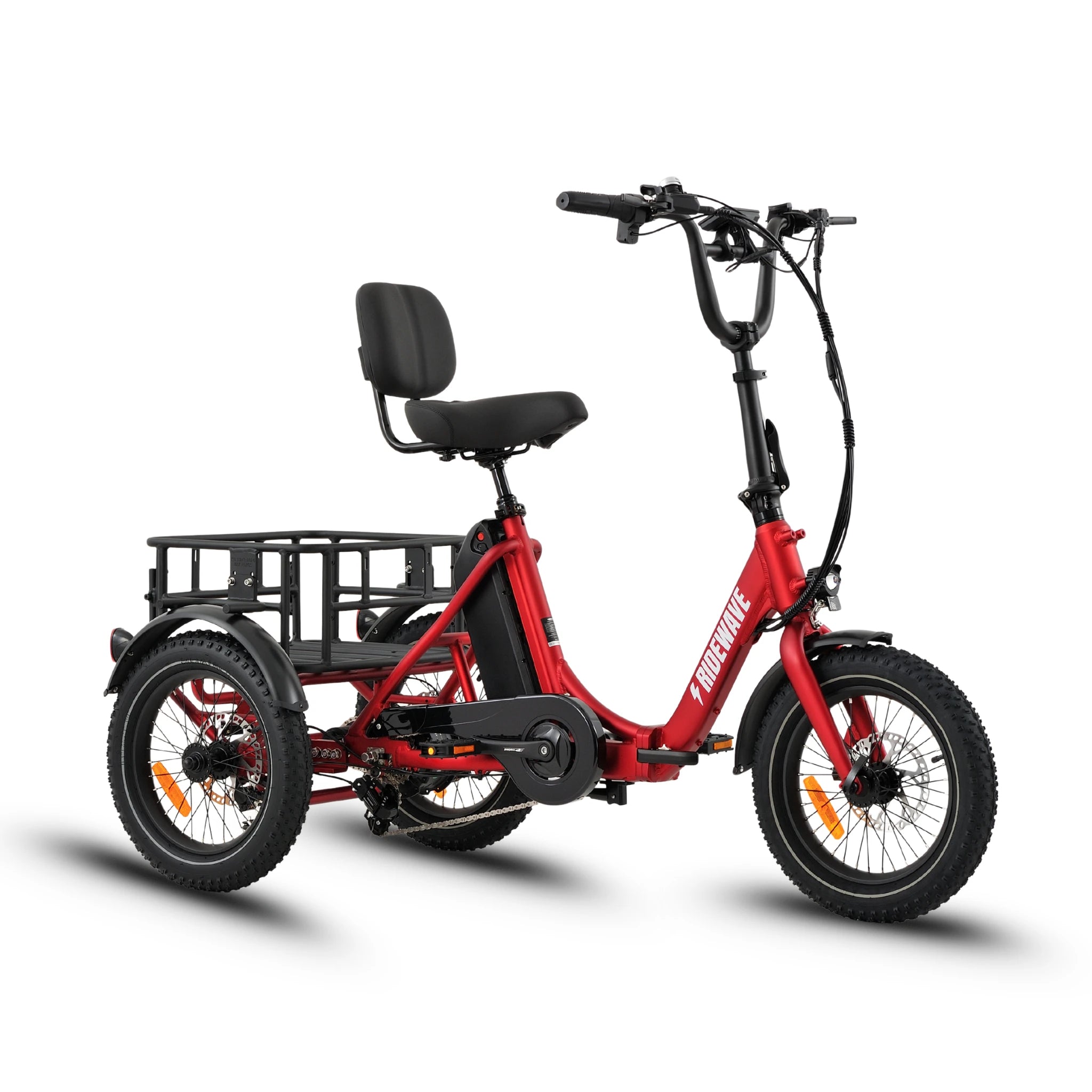 Ridewave Koala red electric trike three-quarter front view with rear cargo basket #color_red