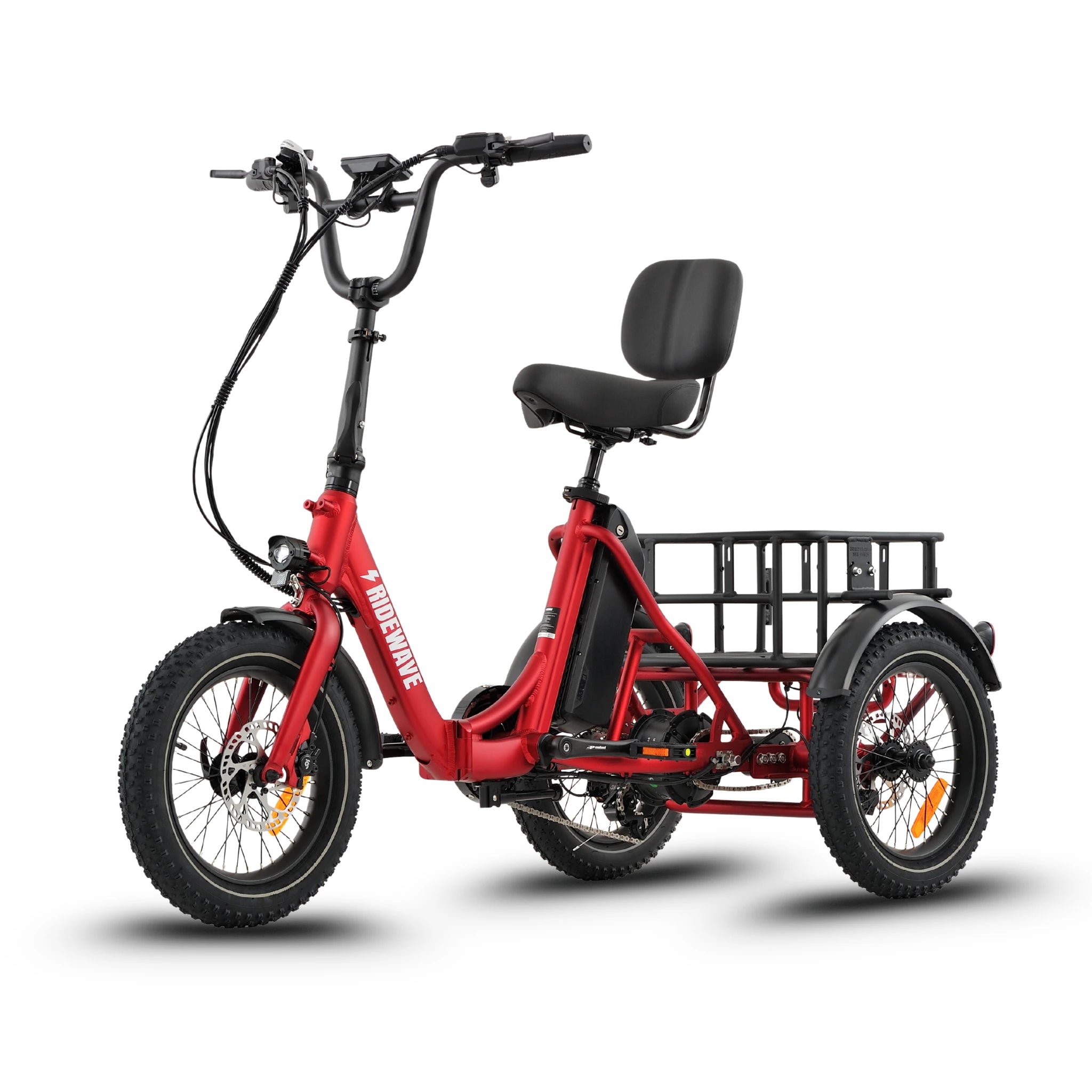 Ridewave Koala red electric trike front view showing three-wheel stance and upright handlebar #color_red