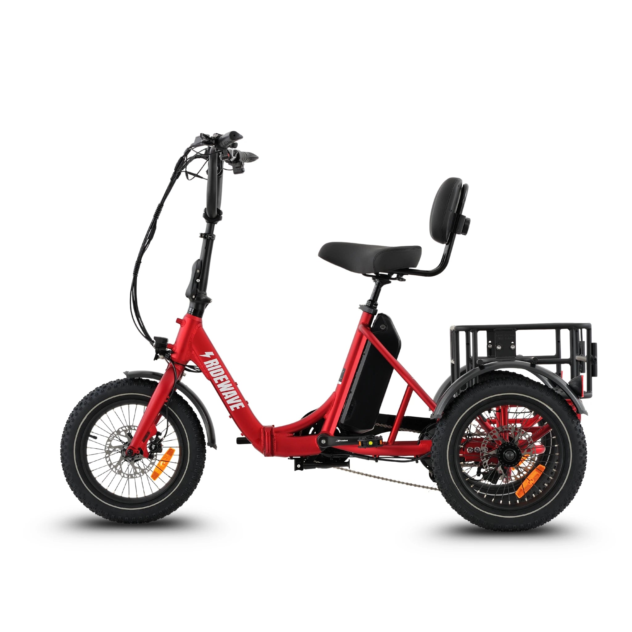 Ridewave Koala red electric trike three-quarter rear view with compact folding frame and rear basket #color_red