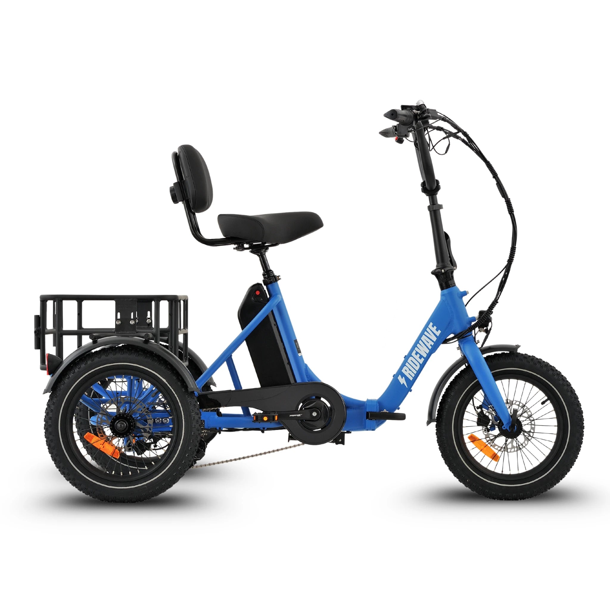 Ridewave Koala sky blue electric trike side view with step-through frame and rear basket #color_sky-blue