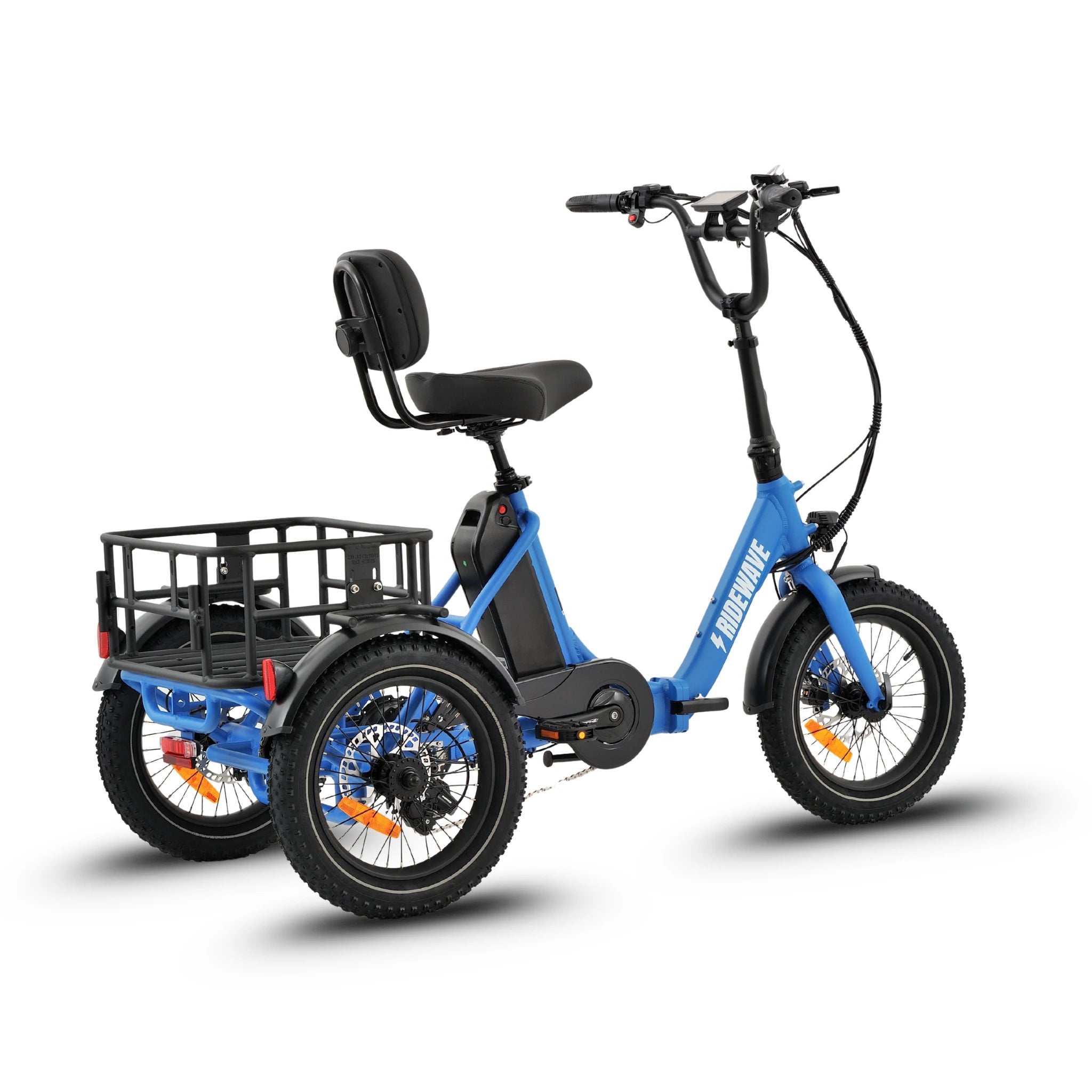 Ridewave Koala sky blue electric trike three-quarter rear view with rear cargo basket #color_sky-blue