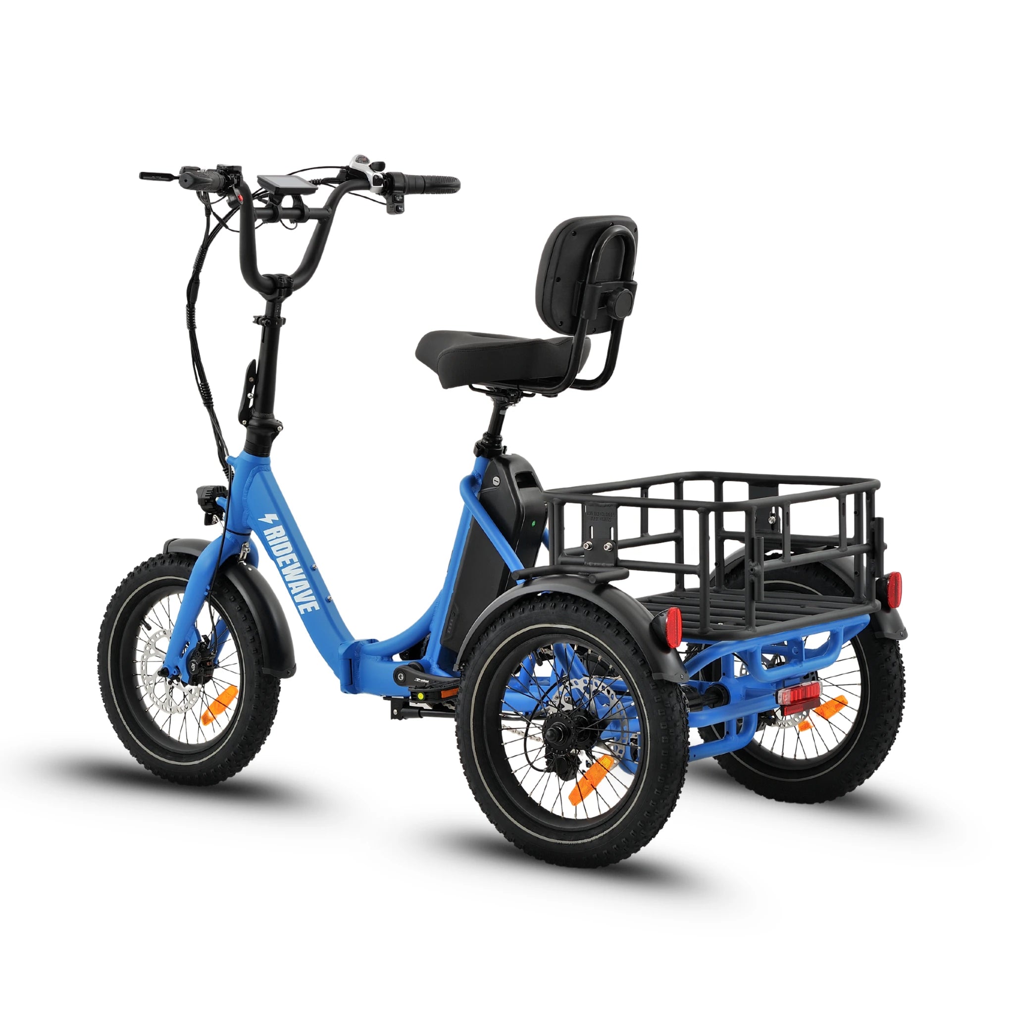Ridewave Koala sky blue electric trike rear three-quarter view with black cargo basket #color_sky-blue