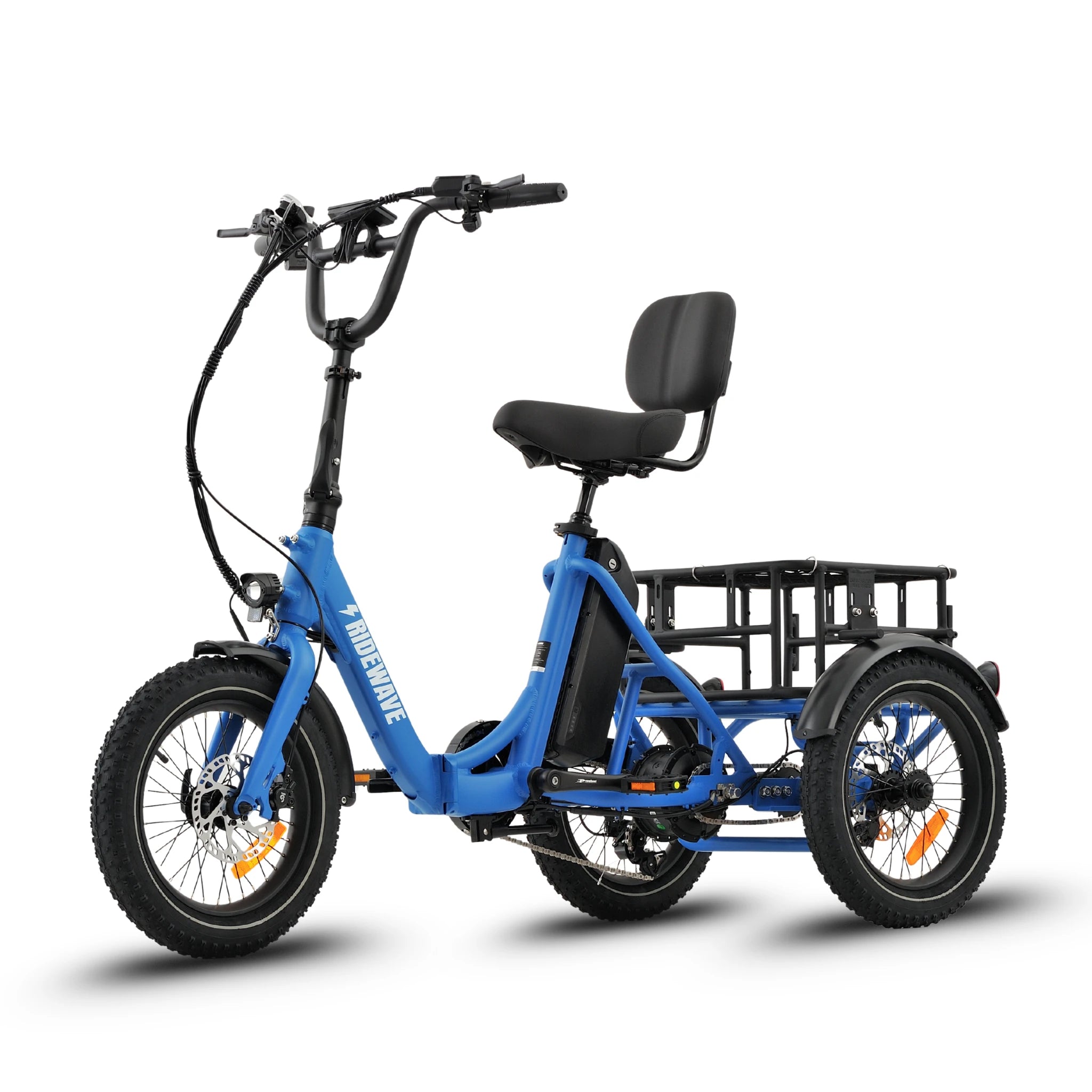 Ridewave Koala sky blue electric trike three-quarter front view showing compact three-wheel stance #color_sky-blue
