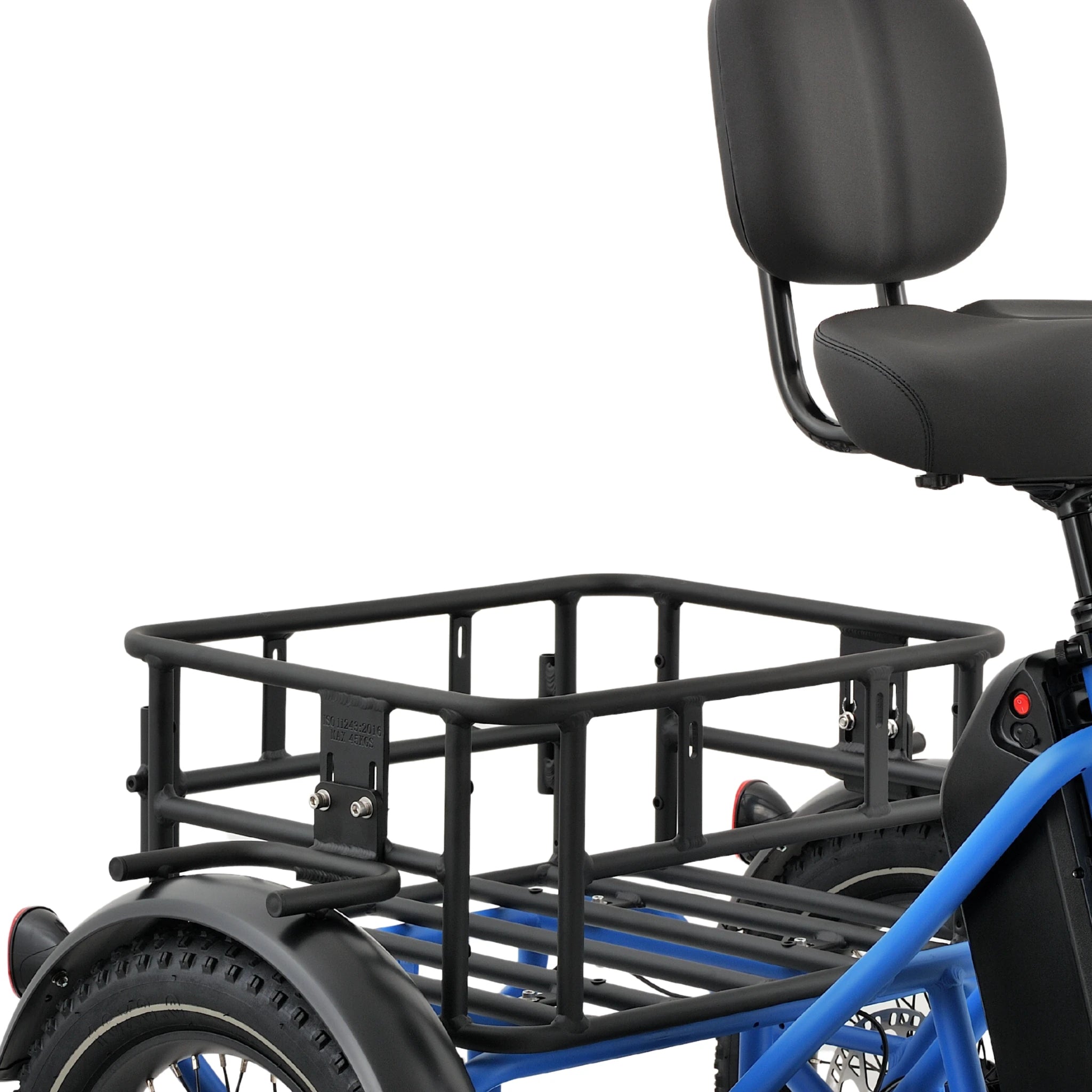 Ridewave Koala sky blue electric trike rear basket close-up with black cargo rack #color_sky-blue