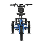 Ridewave Koala sky blue electric trike front view showing handlebar, seat and rear cargo basket #color_sky-blue