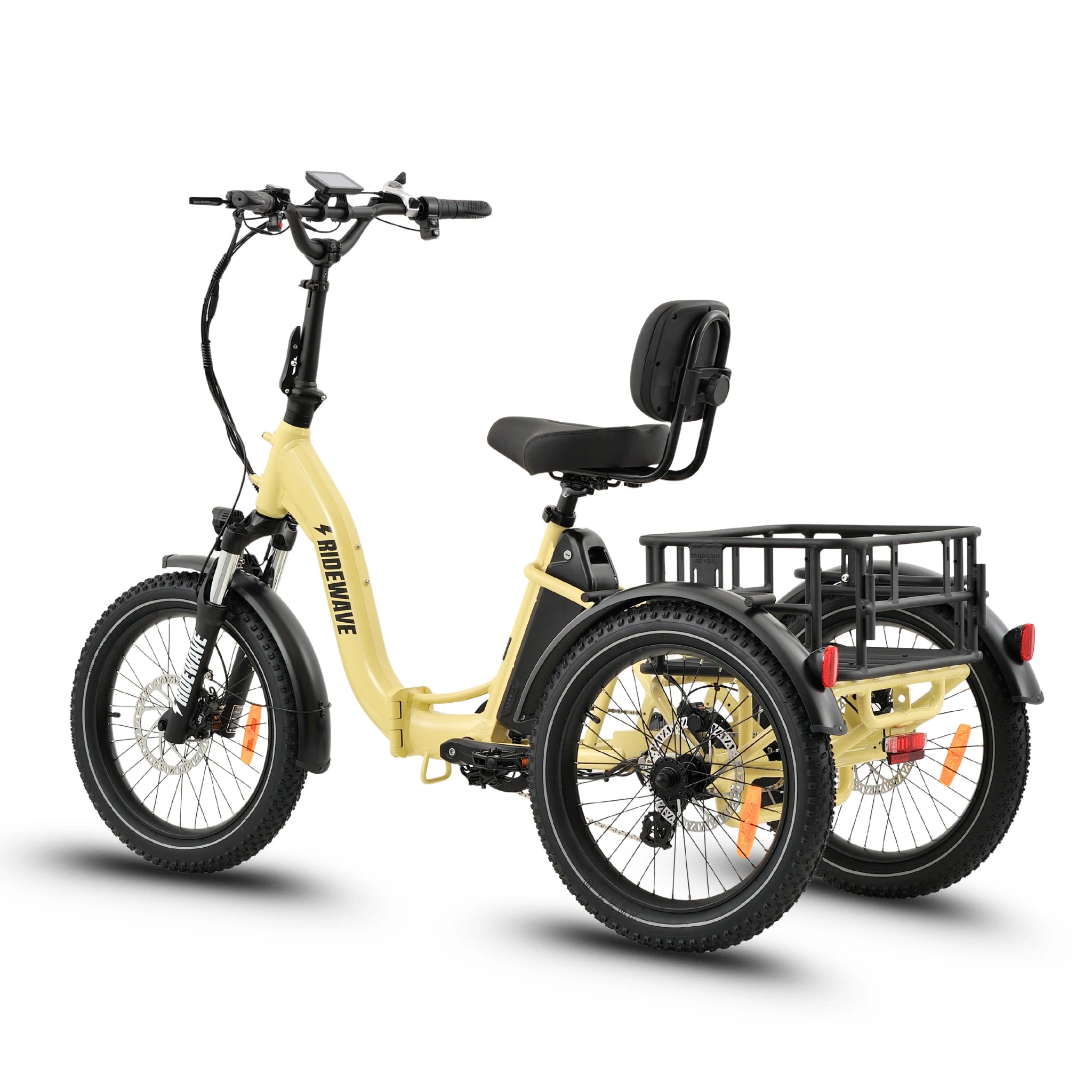 Ridewave Wallaby cream electric trike three-quarter front view with comfort seat and rear cargo basket #color_cream