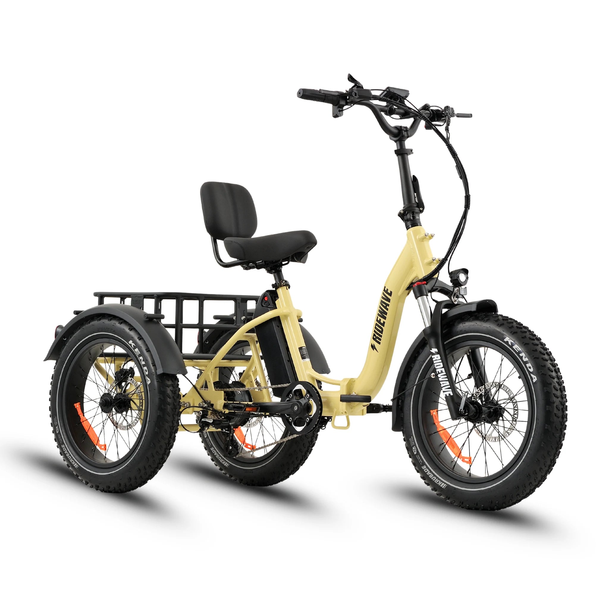 Ridewave Wallaby Plus cream electric trike three-quarter front view with rear cargo basket #color_cream
