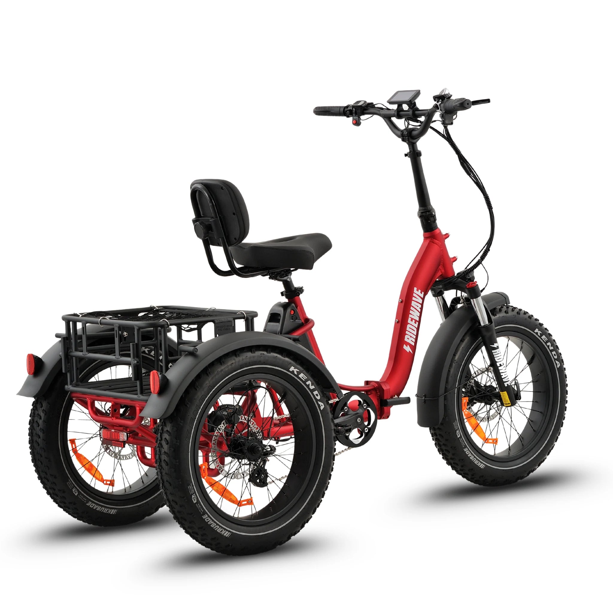 Ridewave Wallaby Plus red electric trike three-quarter rear view with rear cargo basket #color_red