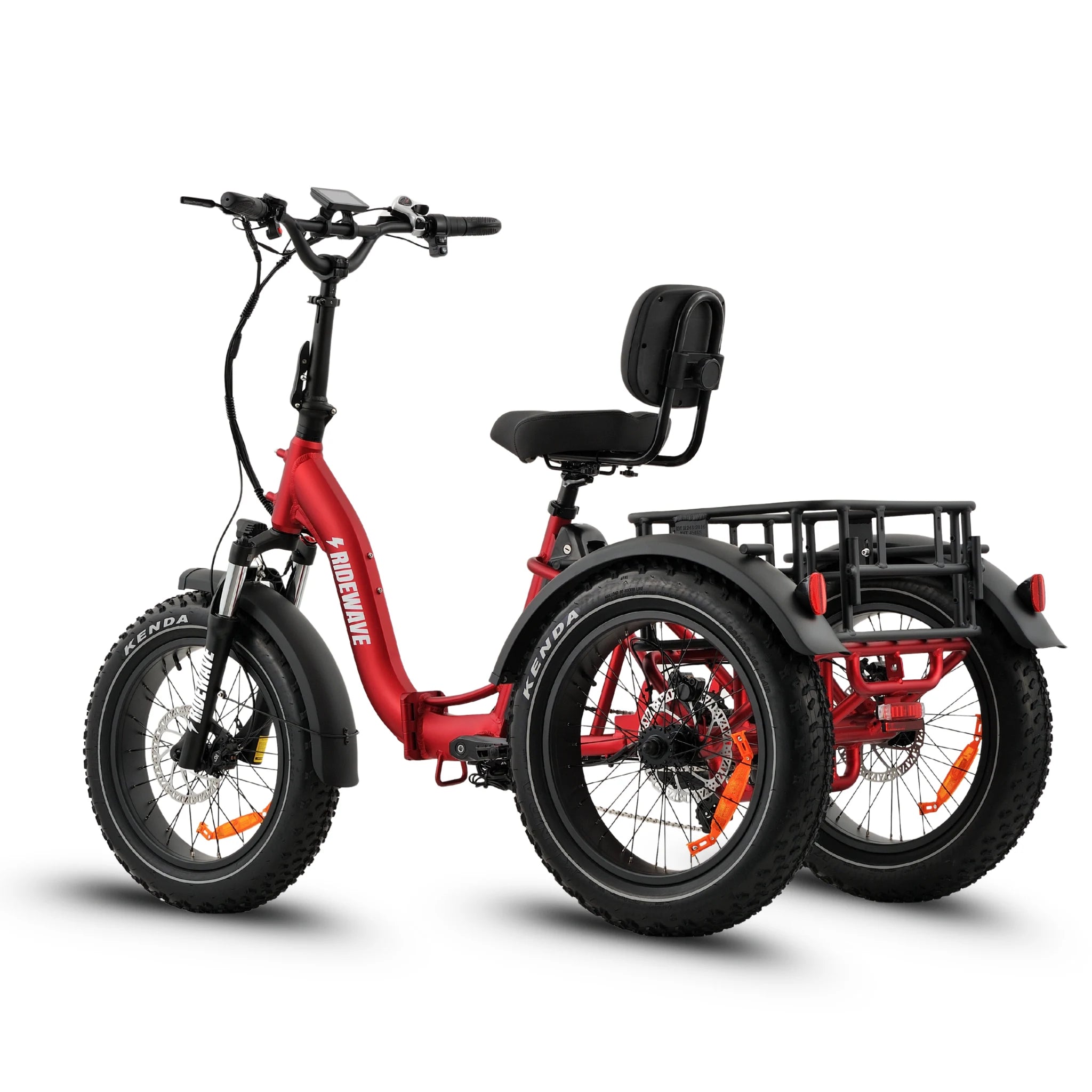 Ridewave Wallaby Plus red electric trike three-quarter rear view with rear cargo basket #color_red