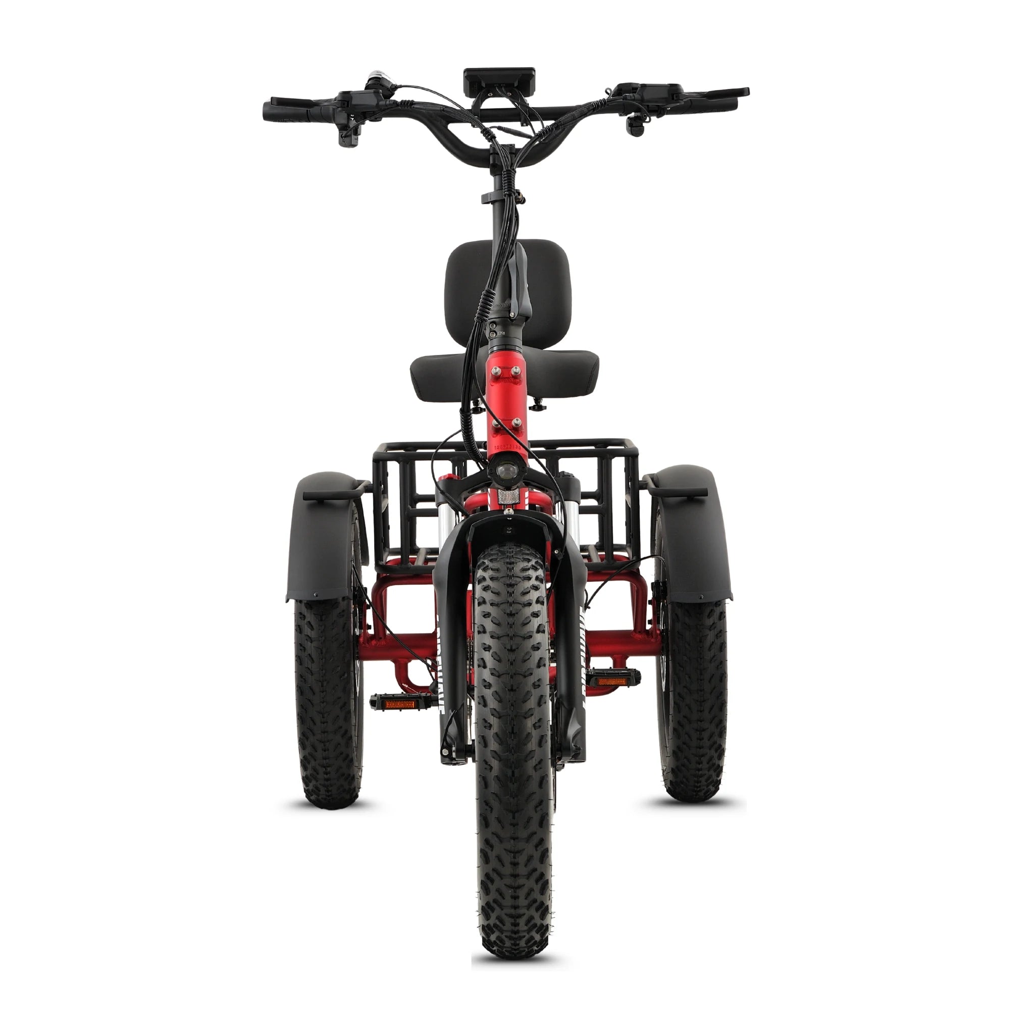 Ridewave Wallaby Plus red electric trike front view with upright handlebar and comfort seat #color_red