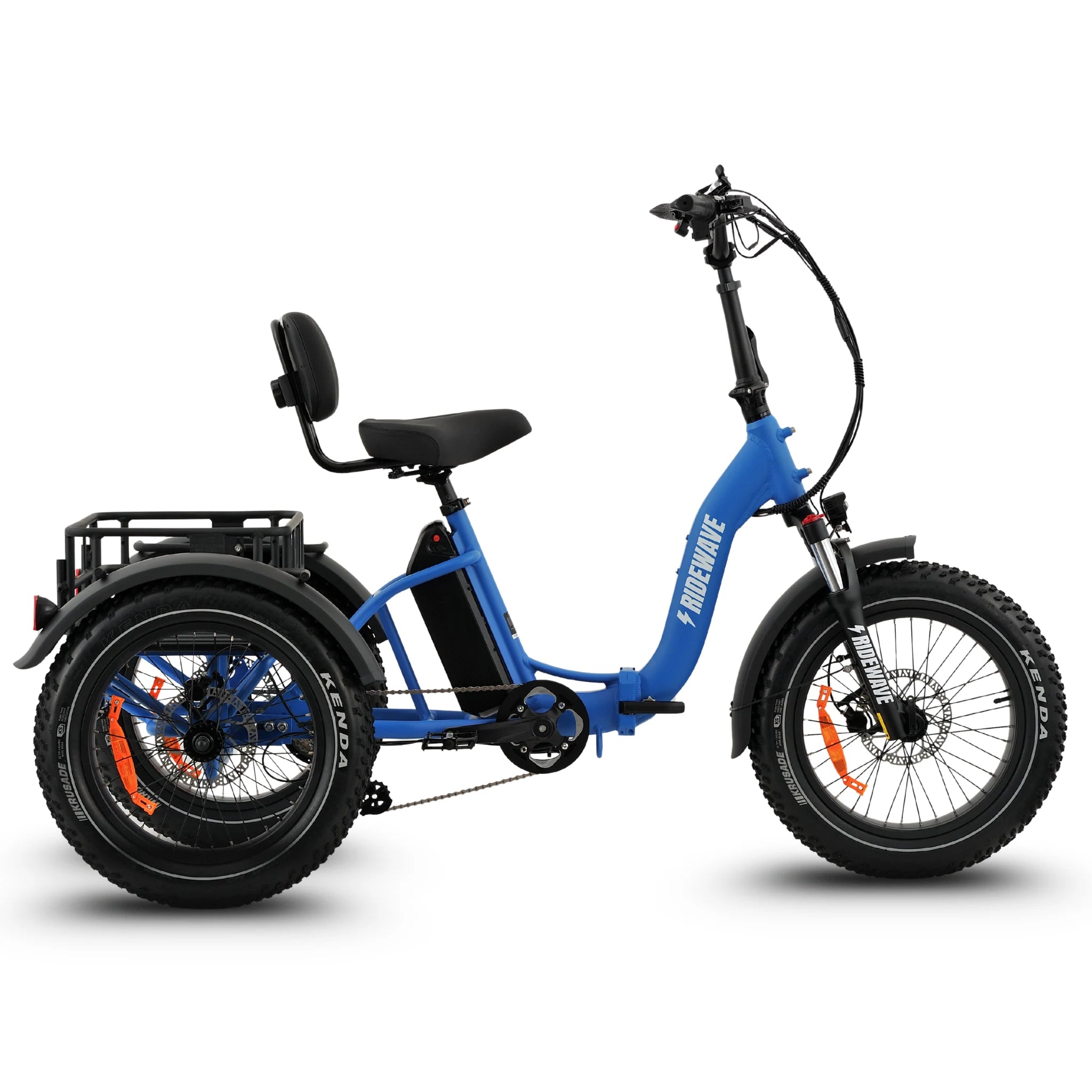 Ridewave Wallaby Plus sky blue electric trike side view with rear cargo basket #color_sky-blue