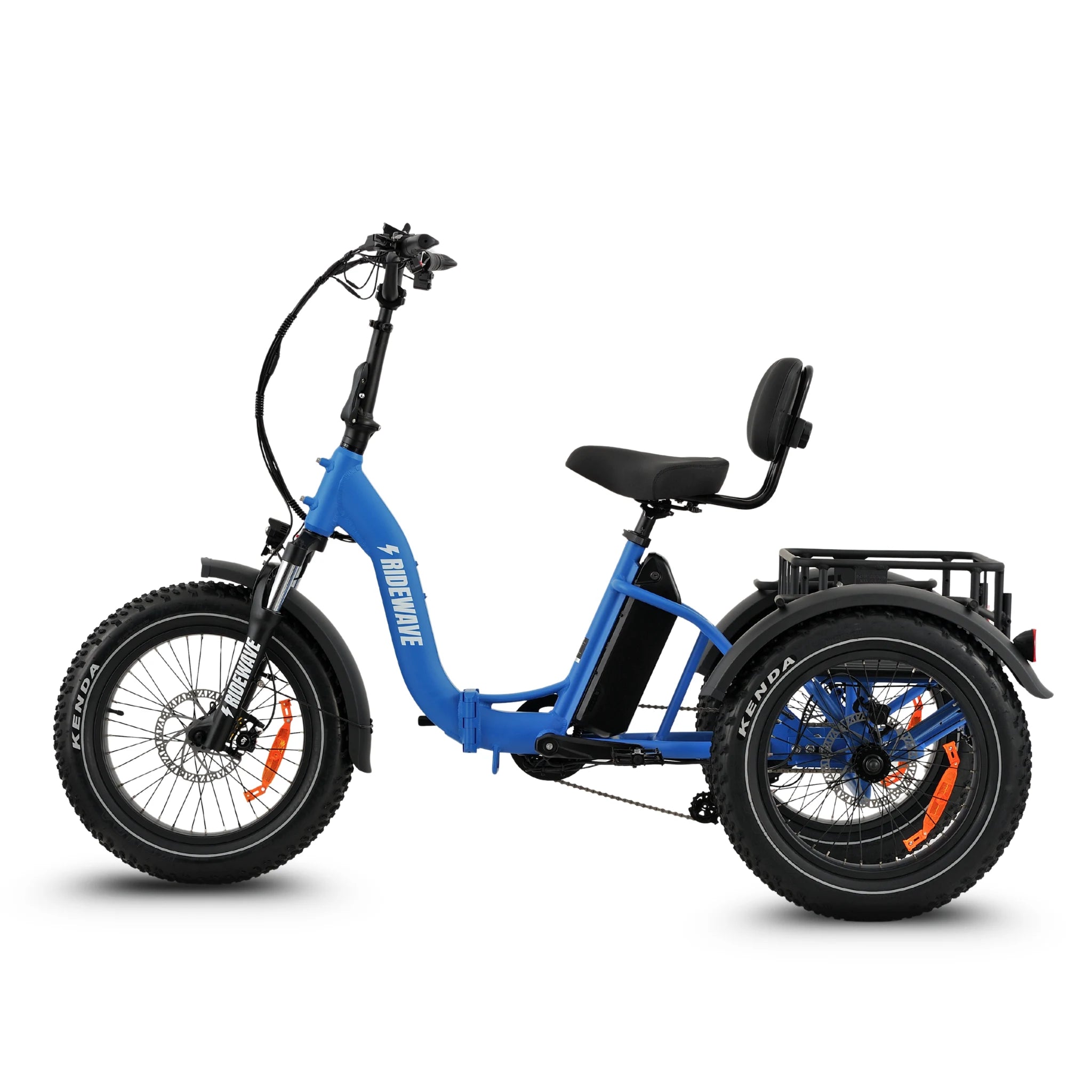 Ridewave Wallaby Plus sky blue electric trike side view with rear cargo basket #color_sky-blue